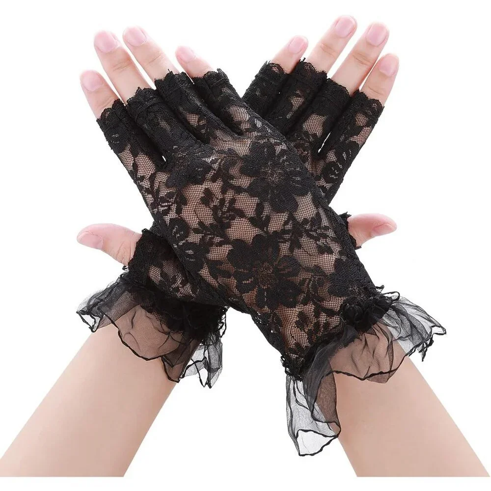 Women's Black Lace Short Floral Finger Less Dress Up Costume Gloves